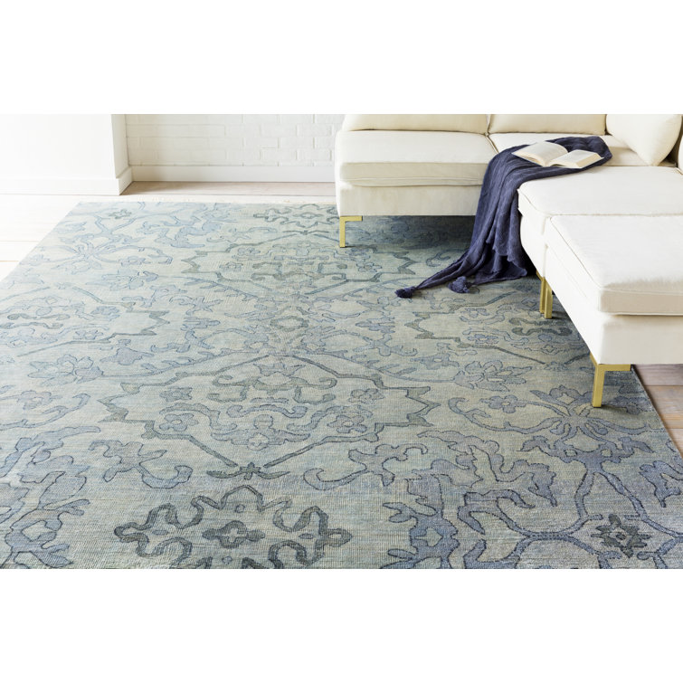 Blue Wool Hand-Knotted Floral 6' x 9' Area Rug