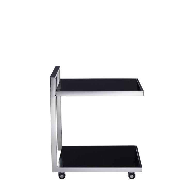 Luxe 20" Square Black Glass & Stainless Steel Bar Cart