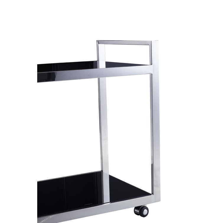Luxe 20" Square Black Glass & Stainless Steel Bar Cart