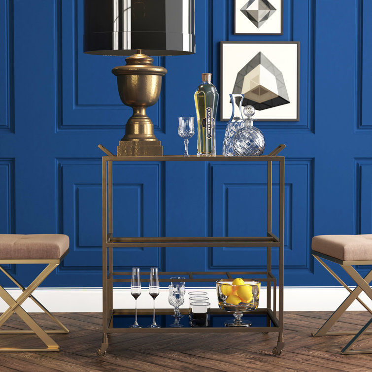 Jak 36" Antiqued Brass and Black Glass Bar Cart with Storage