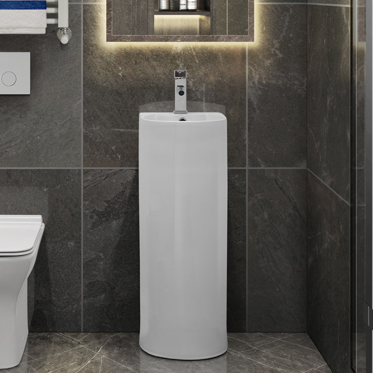 White Glossy Ceramic Pedestal Bathroom Sink