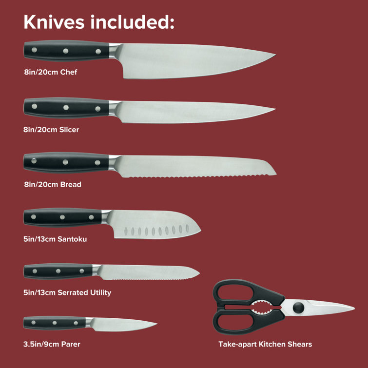 Anolon Cutlery Japanese Carbon Steel 8 Piece Knife Block Set with Built-In Sharpener