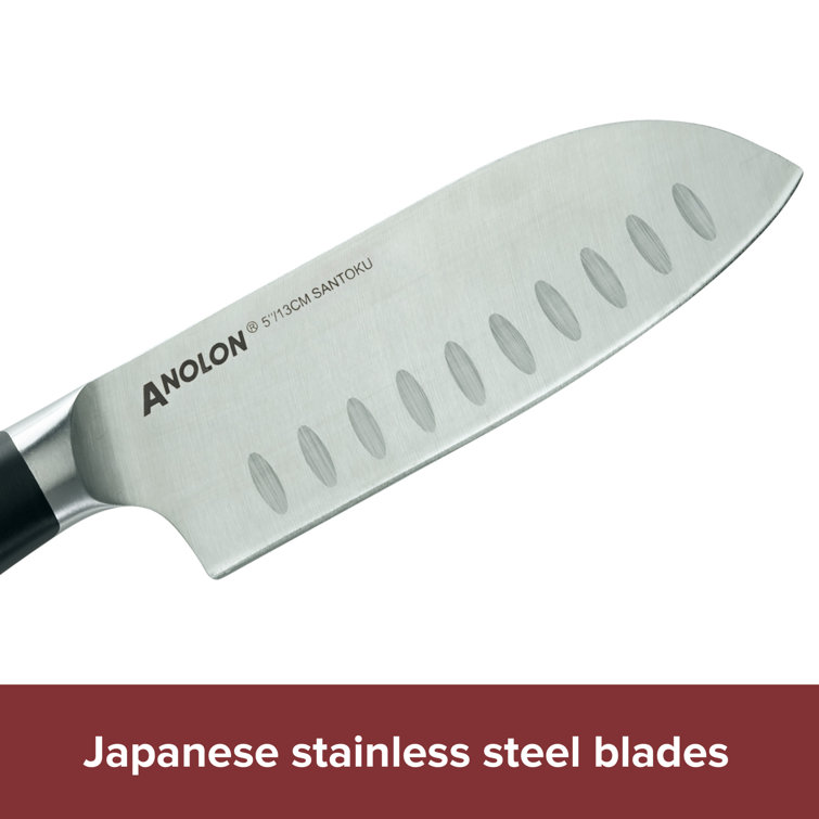 Anolon Cutlery Japanese Carbon Steel 8 Piece Knife Block Set with Built-In Sharpener