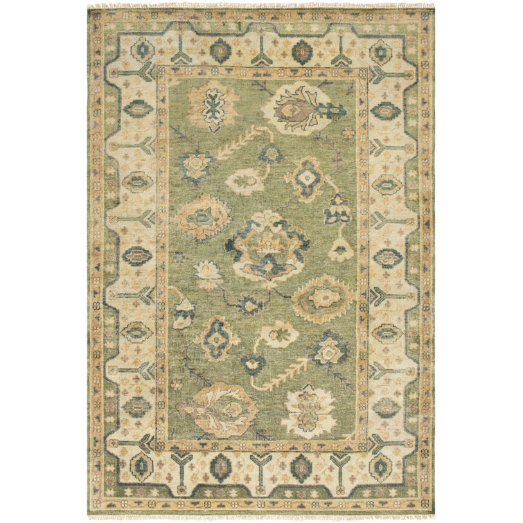 Ivory and Olive Hand-Knotted Wool Rectangular Rug