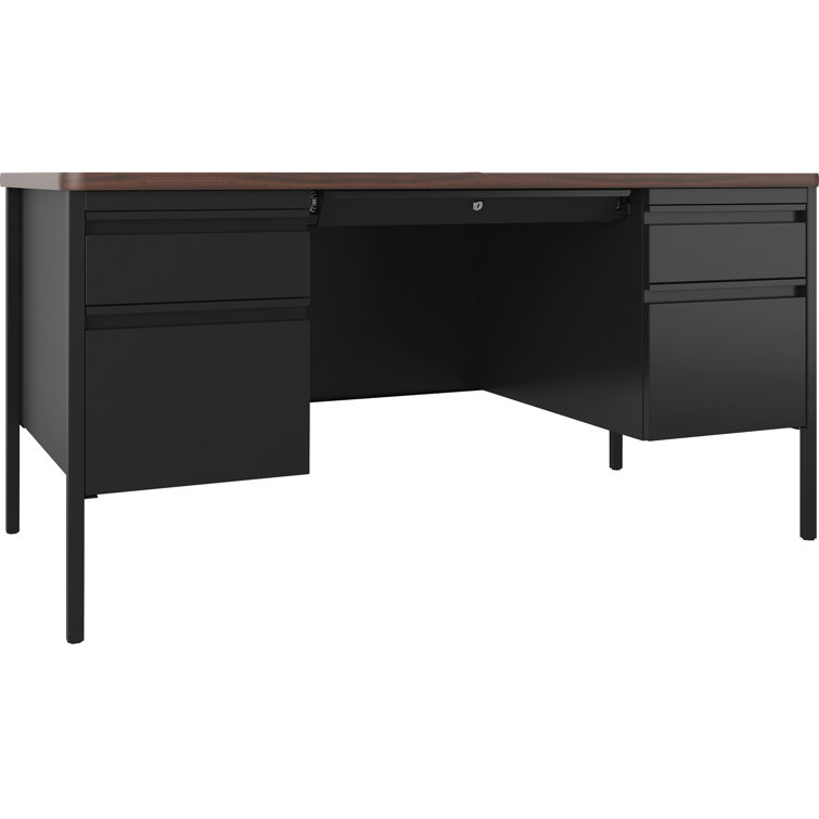 Executive Black Steel Desk with Walnut Laminate Top and Drawers