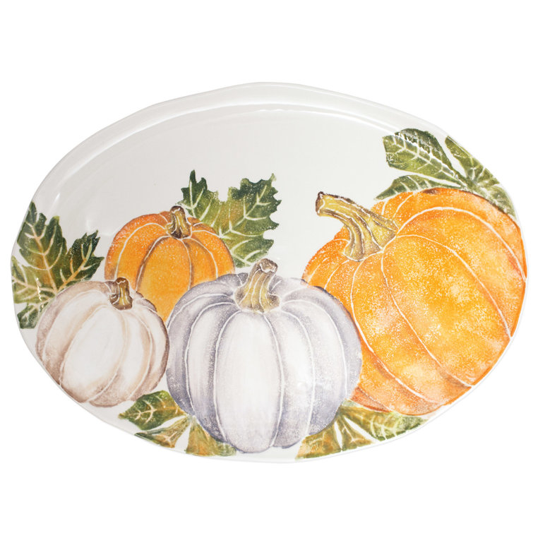 Multicolored Ceramic Thanksgiving Oval Platter with Pumpkins
