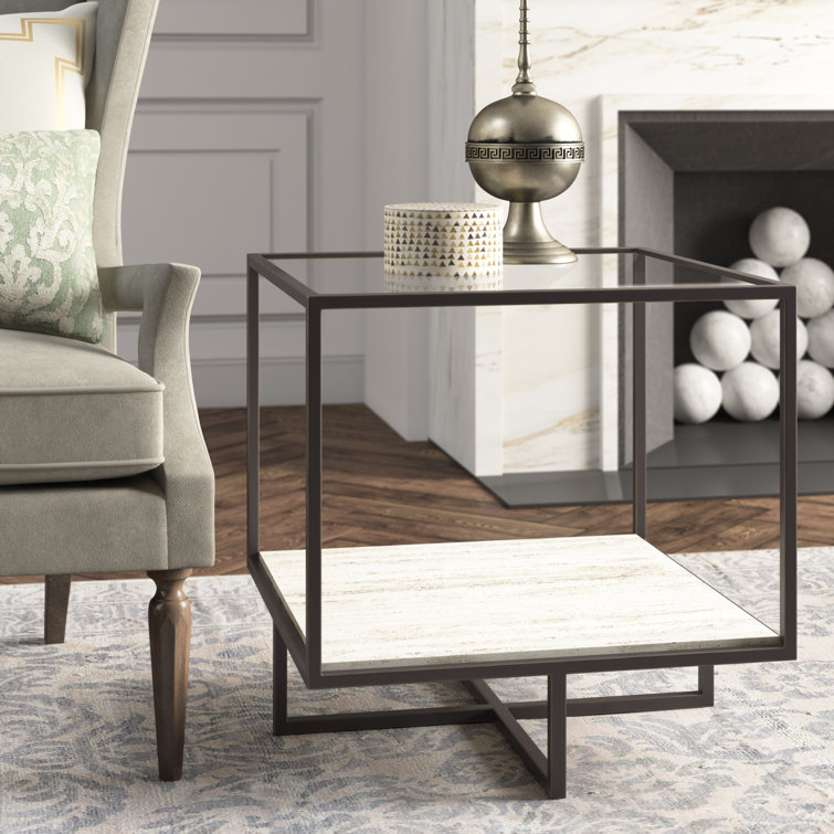 Transitional Bronzed Metal & White Stone Square End Table