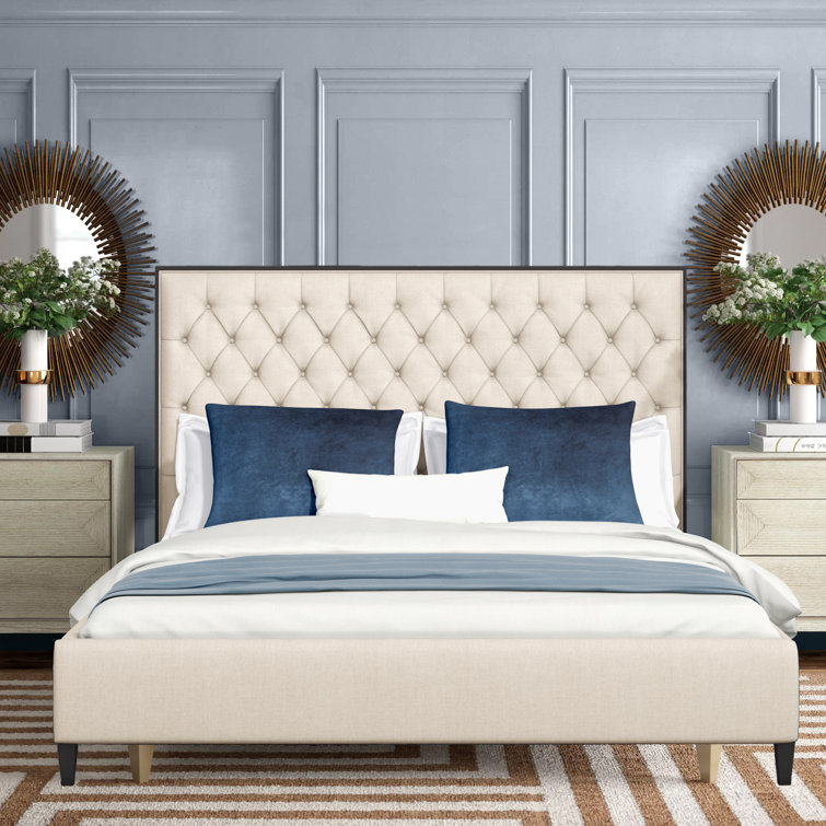 Contemporary Beige Tufted King Platform Bed with Wood Frame