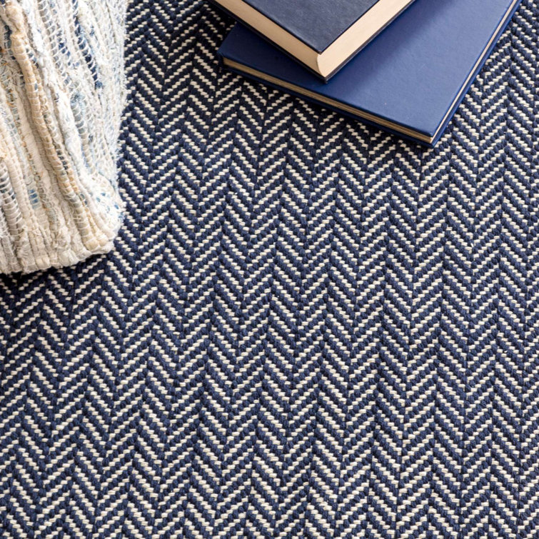Indigo Blue Handwoven Cotton Herringbone Rug, 5' x 8'