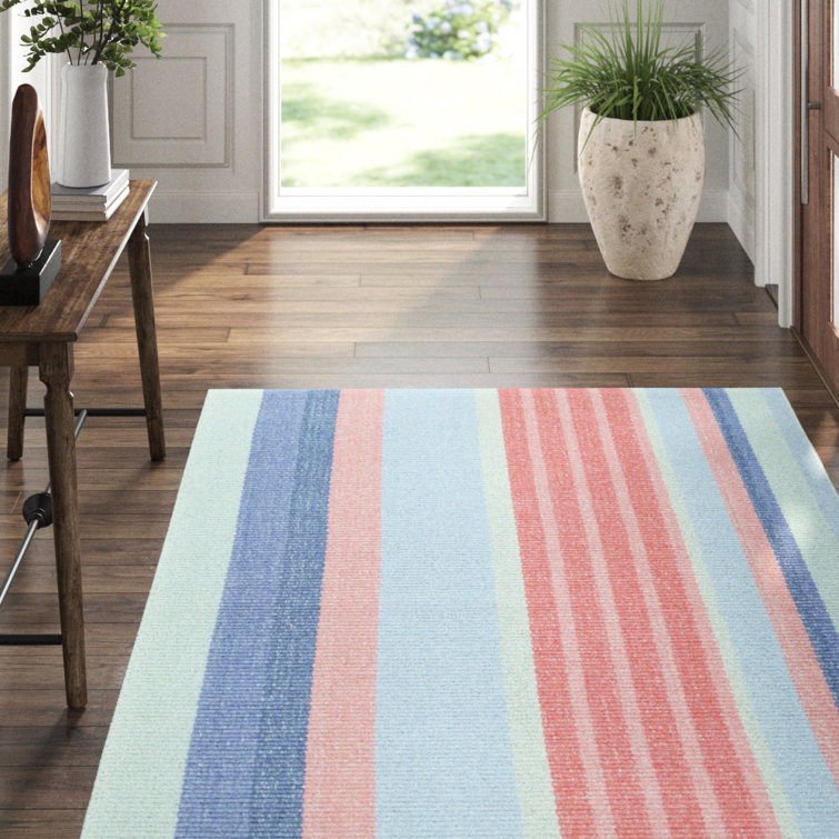 Aruba Stripe Blue and Red Handwoven Wool Cotton Rug 4' x 6'