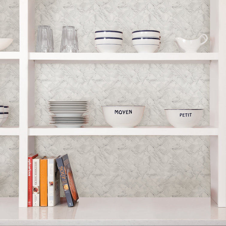 White and Off-White Herringbone Peel and Stick Marble Backsplash Tiles