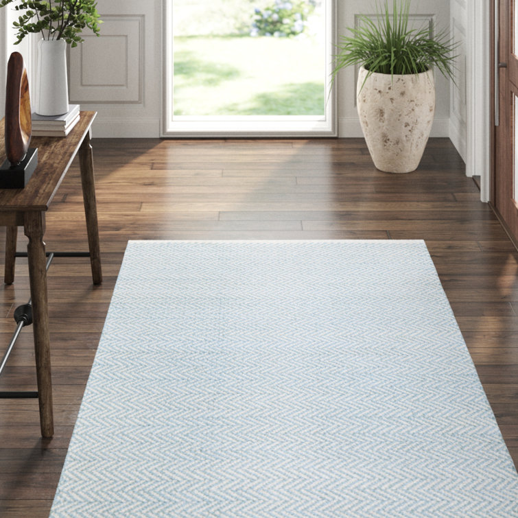 Swedish Blue Herringbone Handwoven Cotton Rug, 10' x 14'