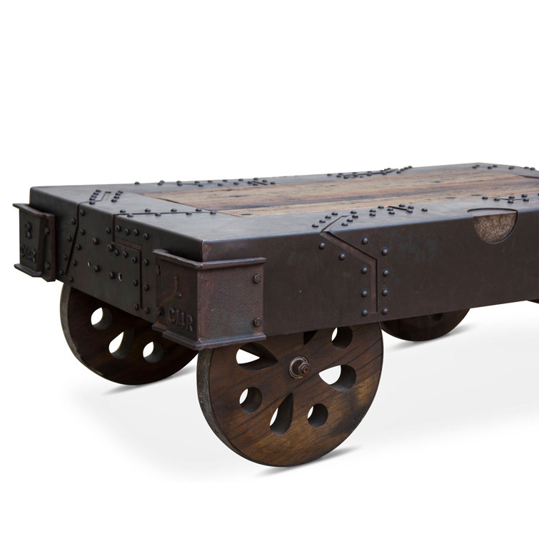 Antique Rust Rectangular Wood and Metal Coffee Table with Wheels