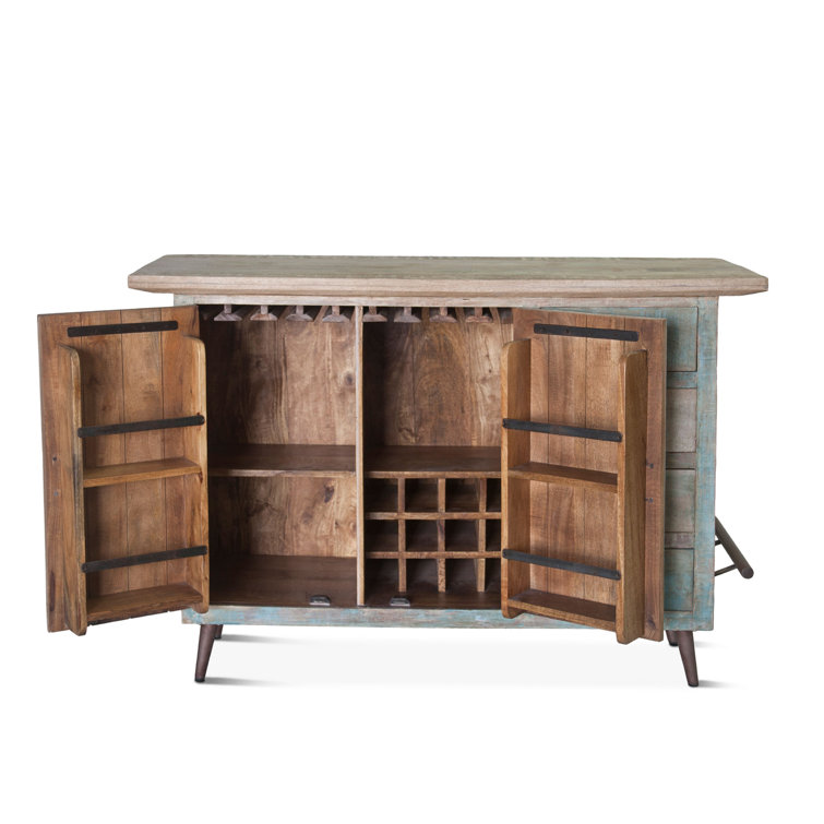 Teak and Iron Coastal Home Bar with Storage