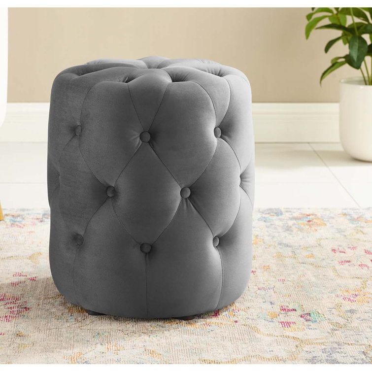 Amour 15.5'' Gray Performance Velvet Tufted Round Ottoman