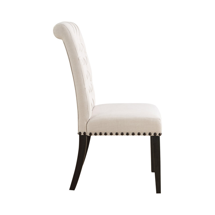 High-Back Beige Linen Upholstered Side Chair with Tufted Detail
