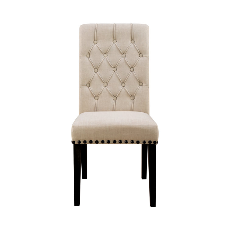 High-Back Beige Linen Upholstered Side Chair with Tufted Detail
