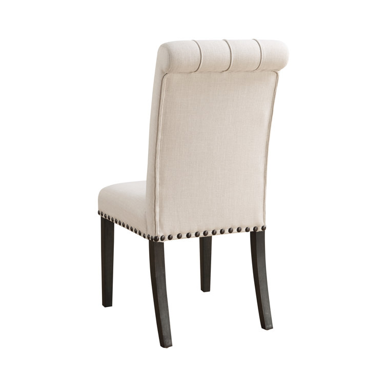 High-Back Beige Linen Upholstered Side Chair with Tufted Detail