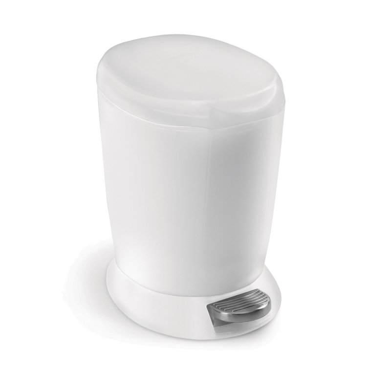 Compact White Plastic Bathroom Step Trash Can with Steel Pedal