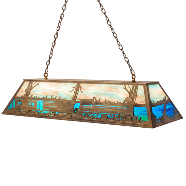 Antique Copper Scenic Train 60" Oblong Pendant with Stained Glass