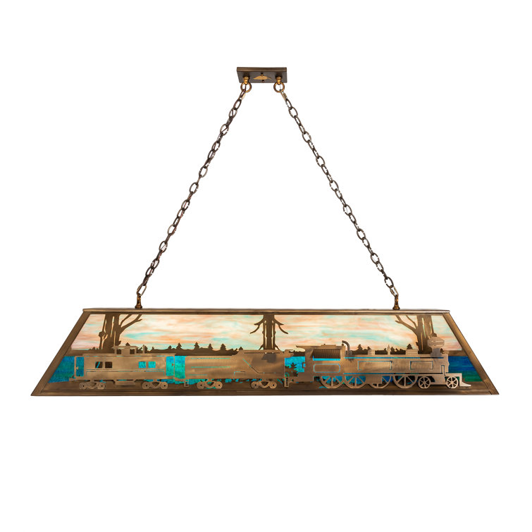 Antique Copper Scenic Train 60" Oblong Pendant with Stained Glass
