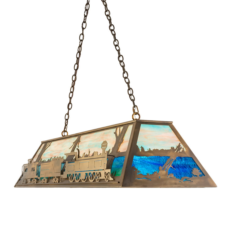 Antique Copper Scenic Train 60" Oblong Pendant with Stained Glass