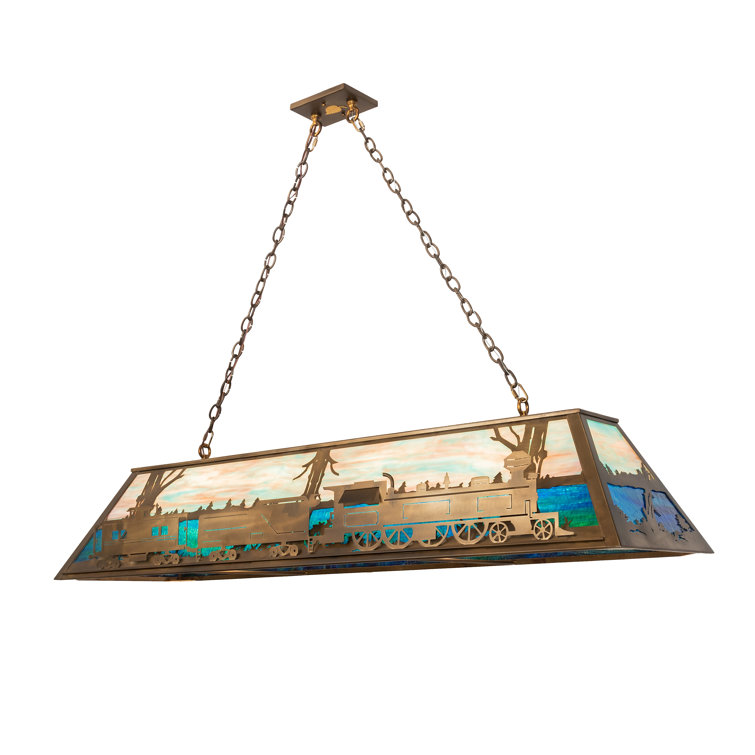 Antique Copper Scenic Train 60" Oblong Pendant with Stained Glass