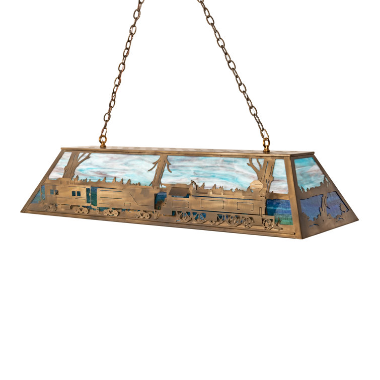 Antique Copper Scenic Train 60" Oblong Pendant with Stained Glass