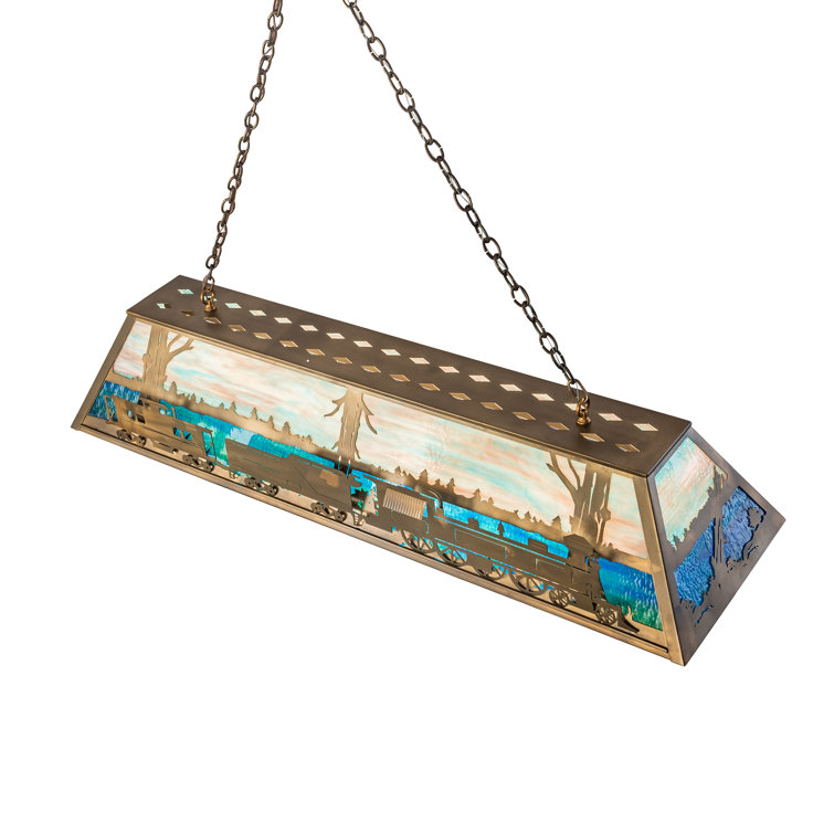 Antique Copper Scenic Train 60" Oblong Pendant with Stained Glass