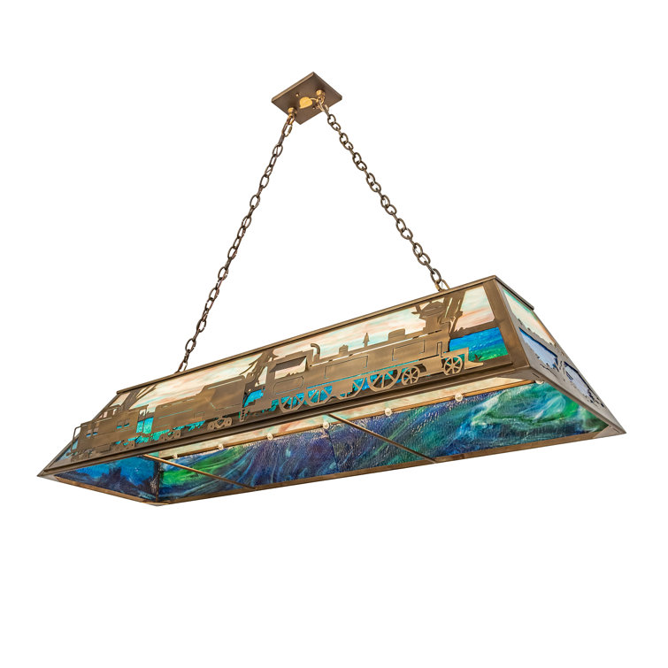 Antique Copper Scenic Train 60" Oblong Pendant with Stained Glass
