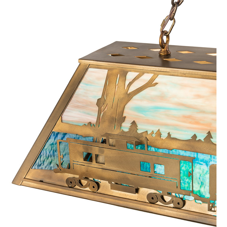 Antique Copper Scenic Train 60" Oblong Pendant with Stained Glass