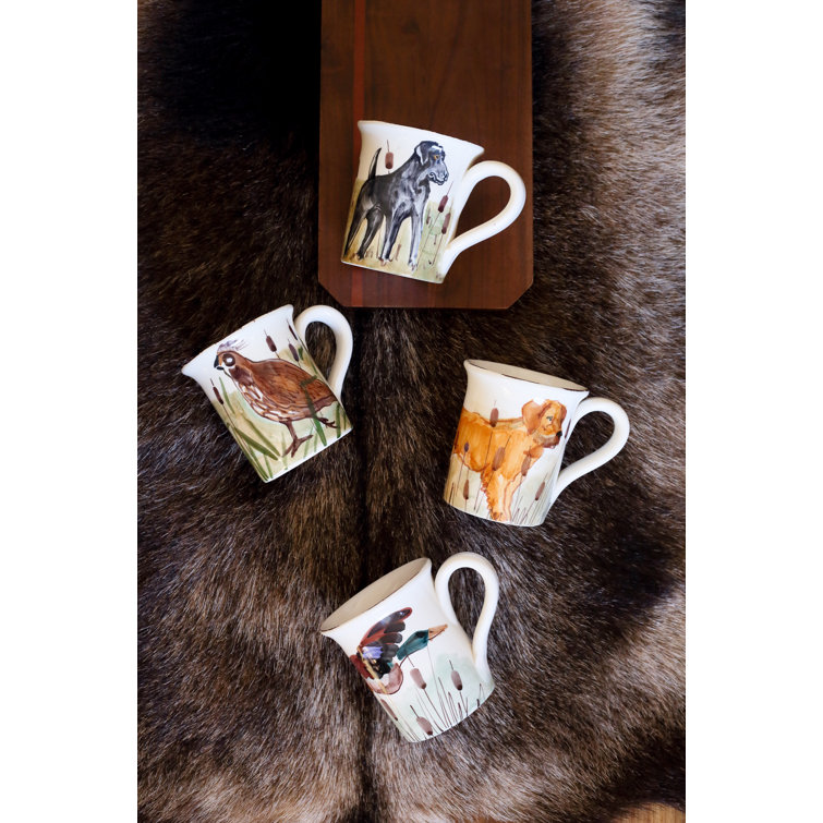 Handpainted White Ceramic Winter Mug with Hunting Dog Design