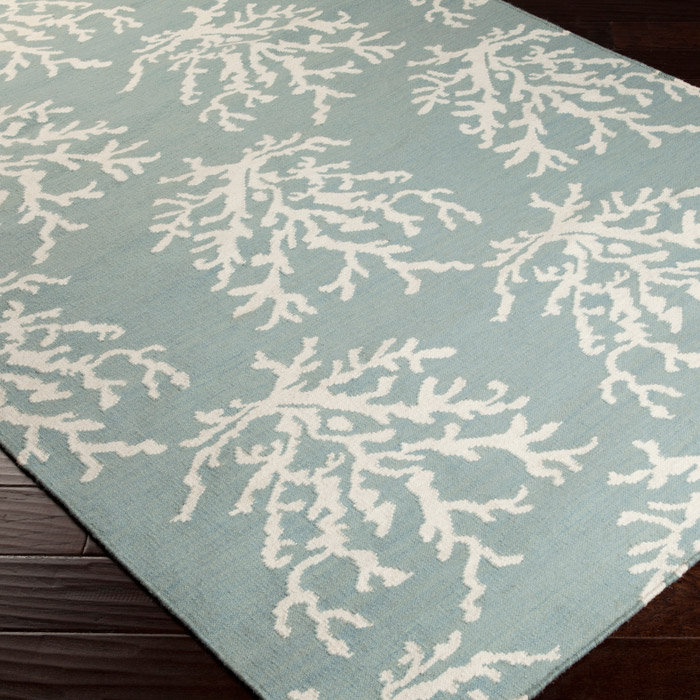 Powder Blue and White Wool Coastal Rectangular Rug