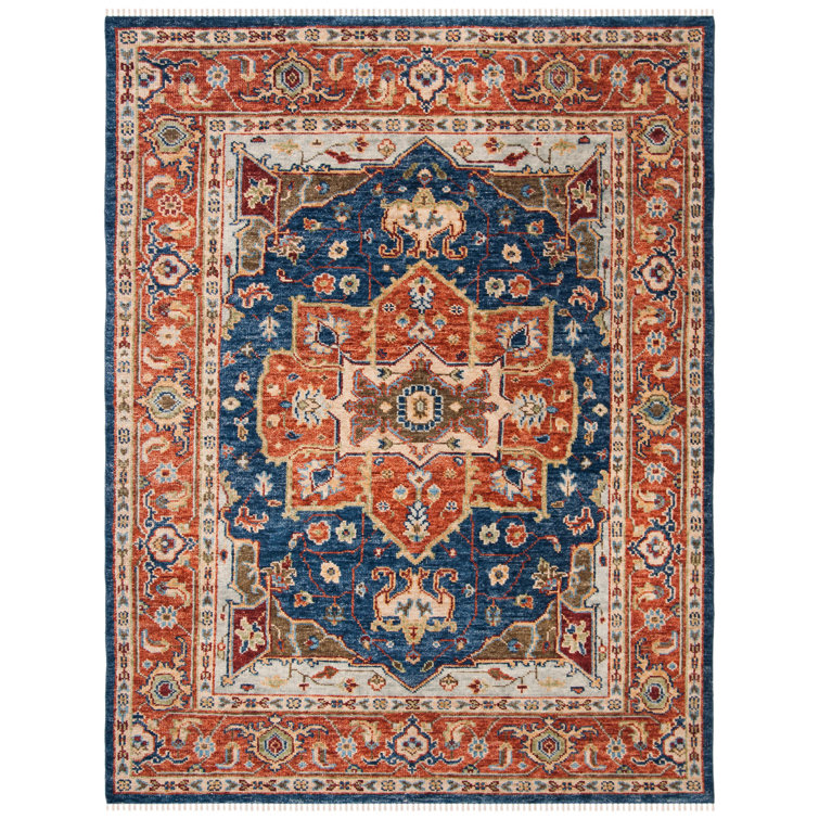 Navy and Rust Hand-Knotted Wool 8' x 10' Traditional Area Rug