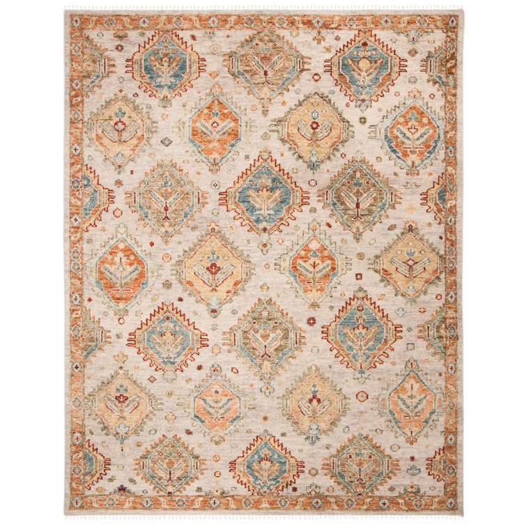 Hand-Knotted Beige and Red Wool 9' x 12' Geometric Rug