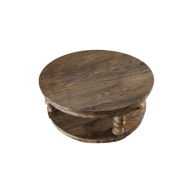 Pastoral Charm Round Oak Coffee Table with Button-Tufted Beige Linen Top