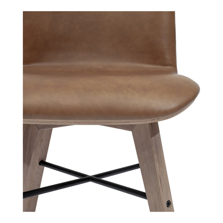 Brown Genuine Leather Upholstered Side Chair with Oak Legs, Set of 2