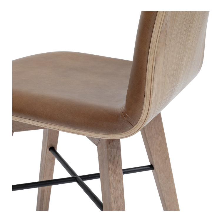 Brown Genuine Leather Upholstered Side Chair with Oak Legs, Set of 2