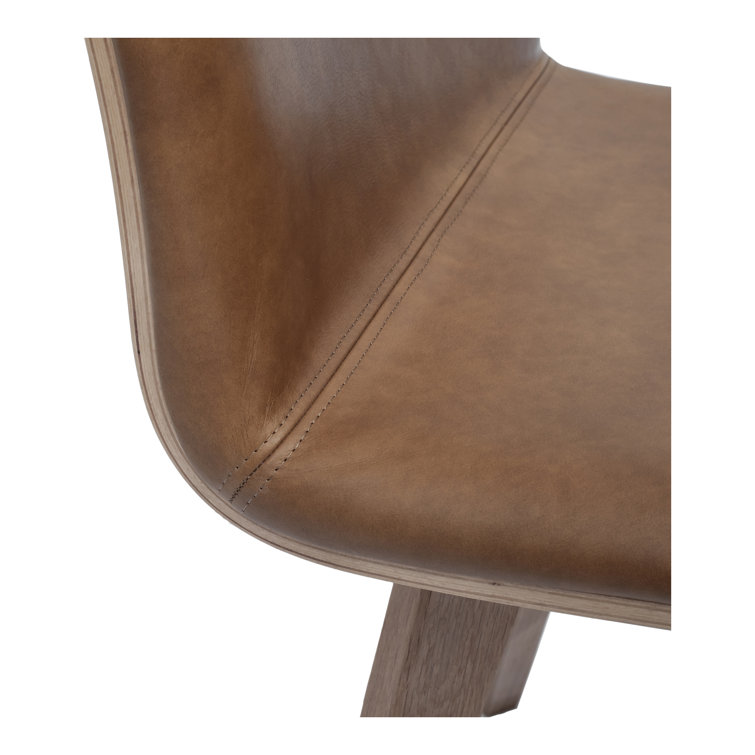 Brown Genuine Leather Upholstered Side Chair with Oak Legs, Set of 2