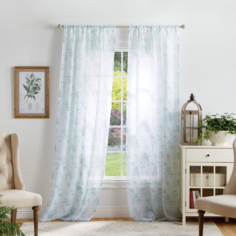 Aqua Floral Sheer Rod Pocket Curtain Panels, 95"