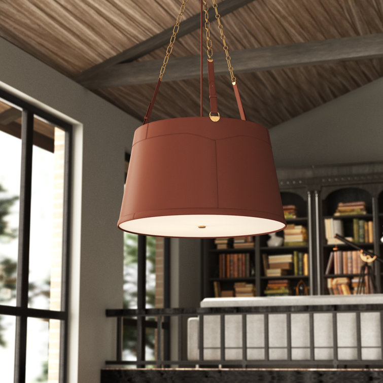 Polished Nickel and Chocolate Leather 3-Light Drum Chandelier