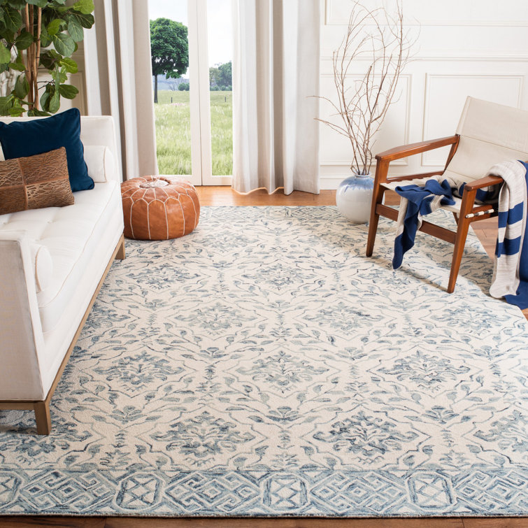 Ivory and Blue Hand-Tufted Wool Floral Rug