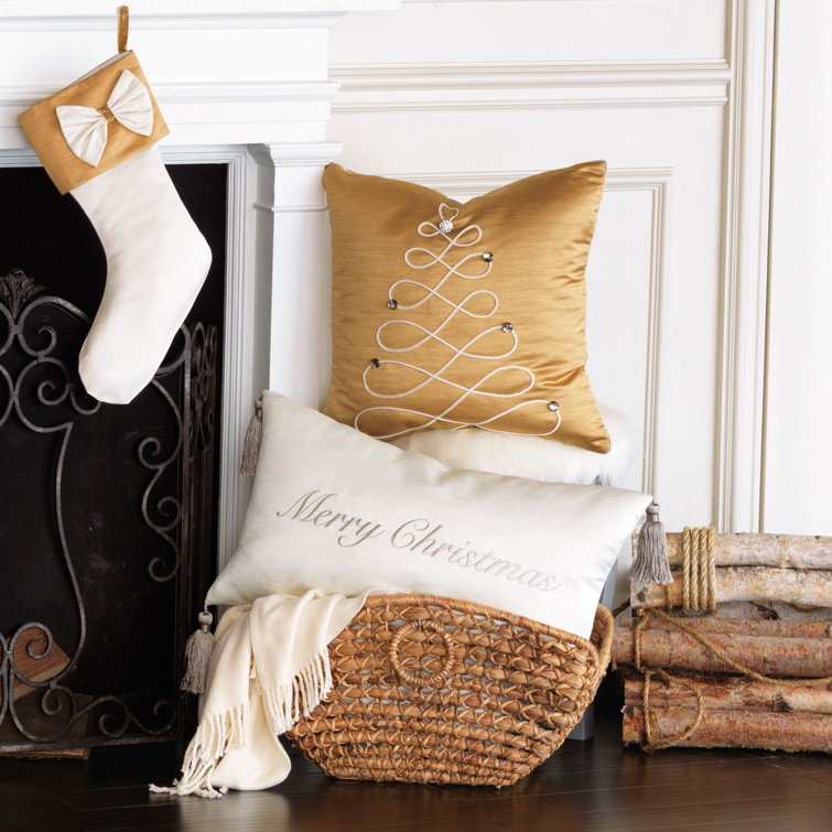 White Embroidered Polyester Lumbar Holiday Pillow with Tassels