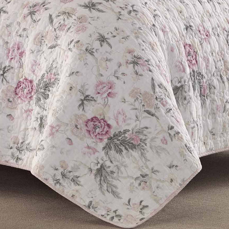 Vintage Cottage Pink & Gray Floral Cotton Quilt Set - Full/Queen