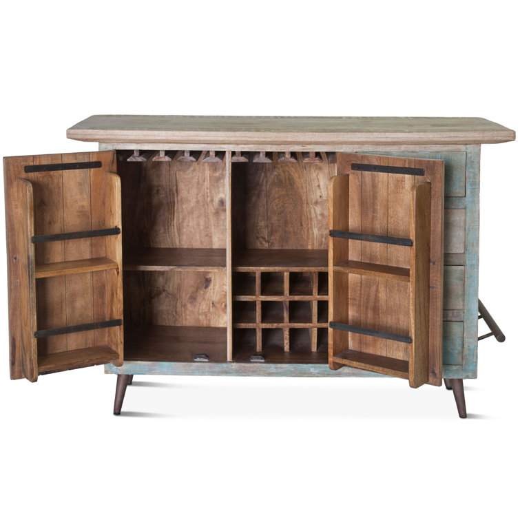 Teak and Iron Coastal Home Bar with Storage