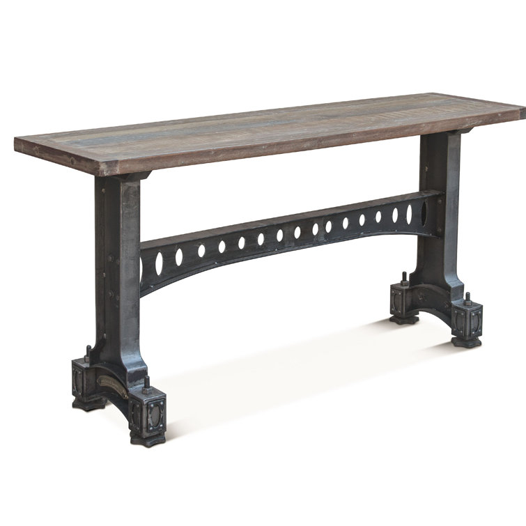 Sterling 66'' Brown Solid Teak Wood Console Table with Cast Iron Trestle Base