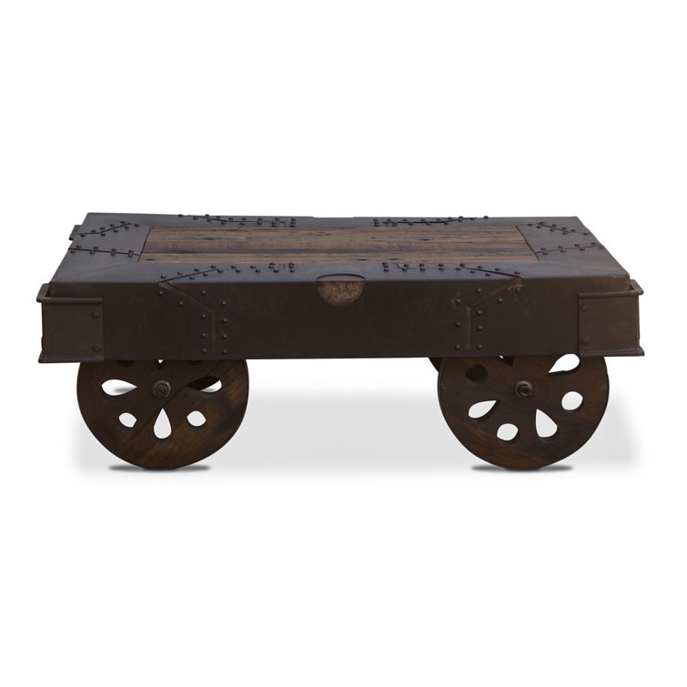 Antique Rust Rectangular Wood and Metal Coffee Table with Wheels