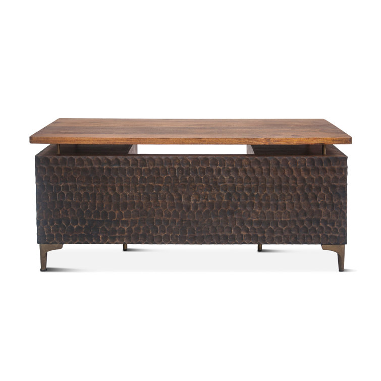 Raw Walnut Mango Wood Executive Desk with Circular Carved Accents