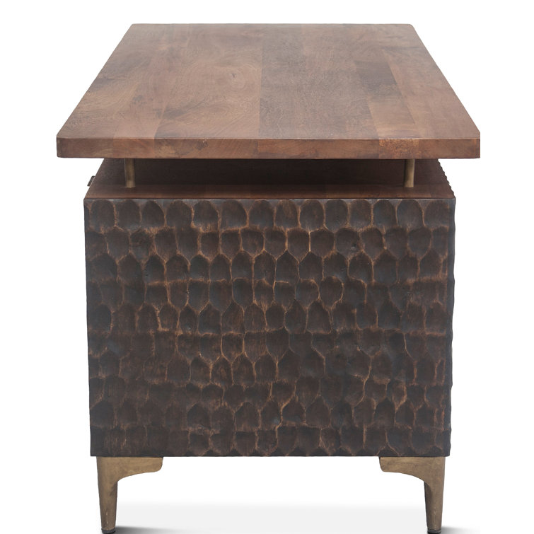 Raw Walnut Mango Wood Executive Desk with Circular Carved Accents