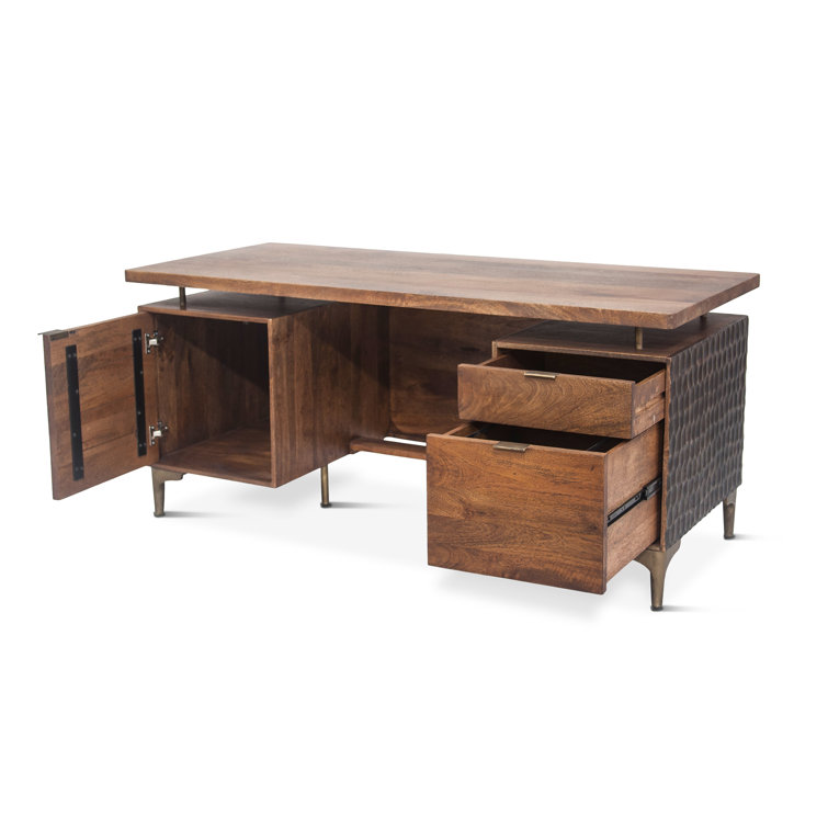 Raw Walnut Mango Wood Executive Desk with Circular Carved Accents